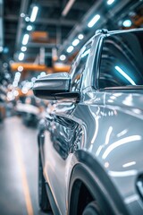 Naklejka premium Sleek modern car in futuristic manufacturing facility with dynamic reflections and neon lighting