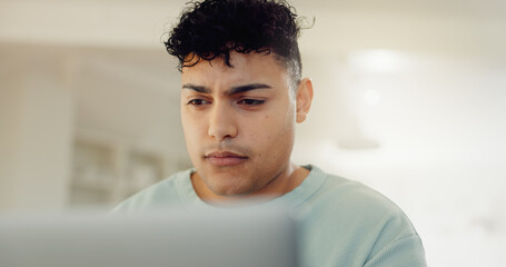 Remote work from home, planning and man with laptop, online reading and review article. Decision,...
