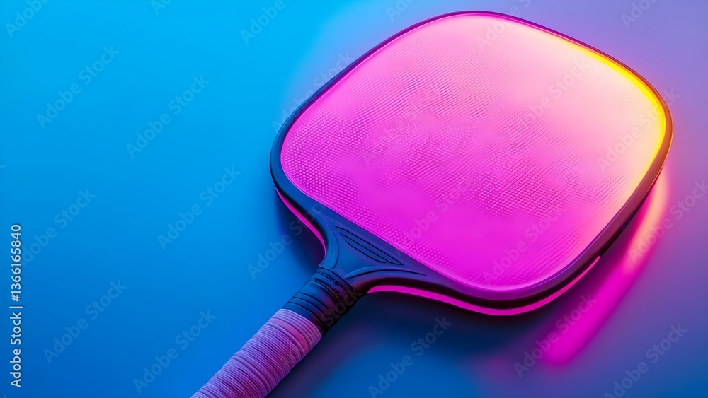 Poster a colorful paddle racket with a vibrant, modern design and a smooth surface, set against a blue grad