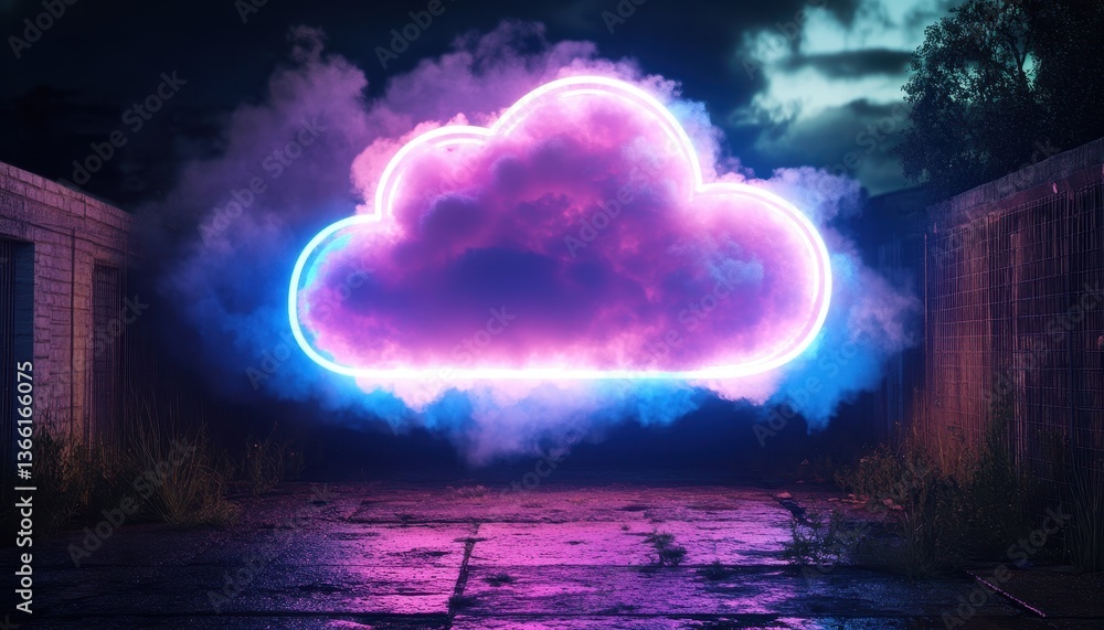 Aufkleber Pink and Blue Neon Cloud Sign Against a Dark Night Background with Wet Ground and Foggy Atmosphere Data Storage and Cloud Computing Concept with Artificial Glowing Element