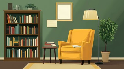 Pixel Art Cozy Interior with Yellow Armchair and Bookshelves Near Side Table with Books and Indoor Plant against Green Wall with Simple Wooden Frame in Calm Room