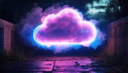 Pink and Blue Neon Cloud Sign Against a Dark Night Background with Wet Ground and Foggy Atmosphere Data Storage and Cloud Computing Concept with Artificial Glowing Element