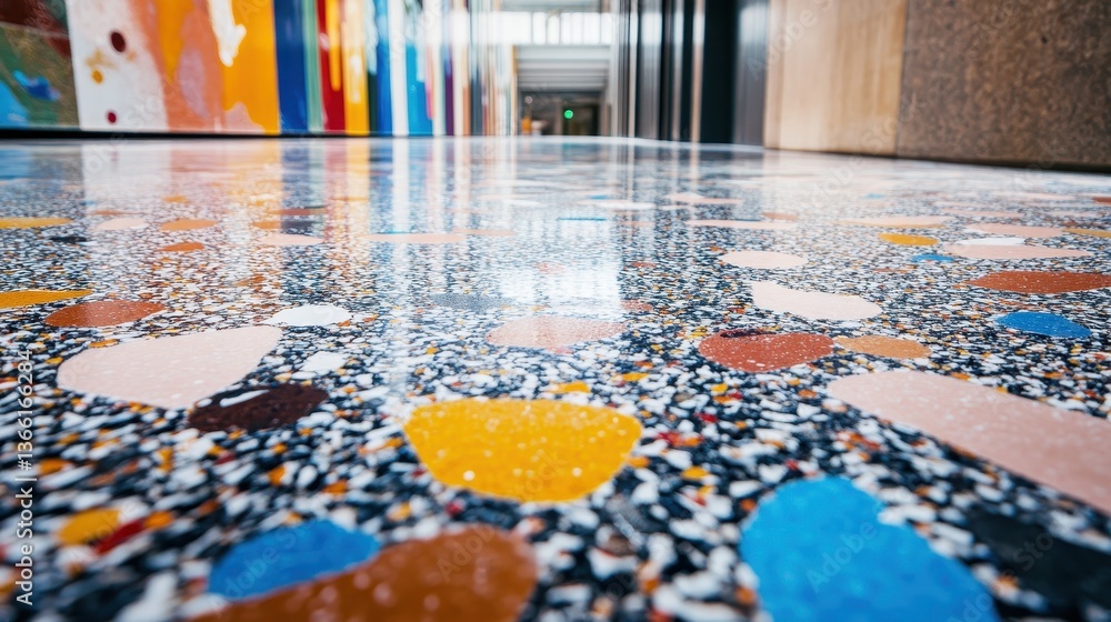 Aufkleber Polished Terrazzo Floor with Colorful Geometric Pattern In A Modern Building With Natural Lighting Showing Texture Design And Seamless Tile