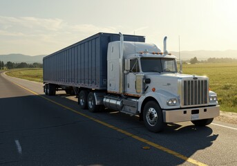 Semi truck driving on asphalt road, commercial transportation industry concept, freight company vehicle delivering cargo on highway in countryside travel journey