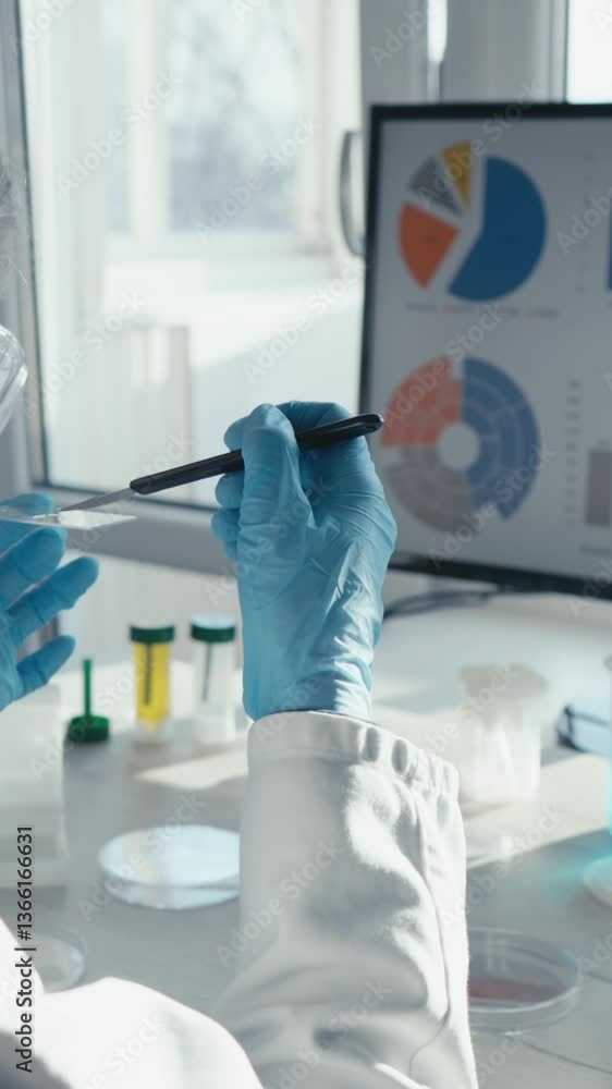 Poster a scientist in a lab coat and gloves conducts vital vaccine research, carefully examining a test tub