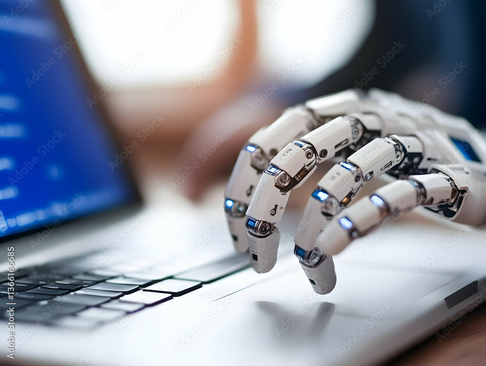 Poster a robotic hand interacts with a laptop computer, showcasing advanced technology and automation in a 