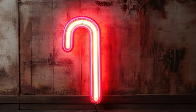 Red Neon Candy Cane Decoration on Rustic Metal Wall for Christmas Holiday Celebration with Warm Glow
