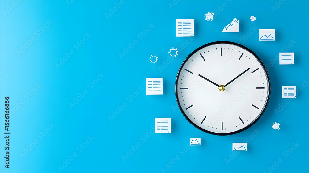 Poster a simple clock against a light blue background, surrounded by small icons representing various tasks