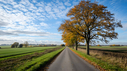 Autumnal Road Lined With Trees Under A Bright Blue Sky With Wispy Clouds And Fields on Both Sides