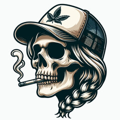 A skull with a cigarette in its mouth and a hat on its head
