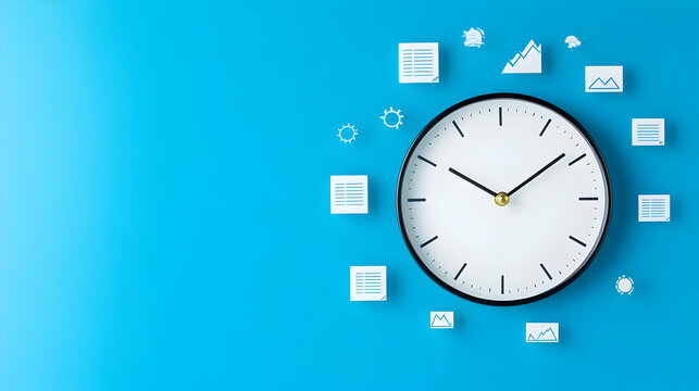 A simple clock against a light blue background, surrounded by small icons representing various tasks and data.  It symbolizes time management and productivity in a modern workplace