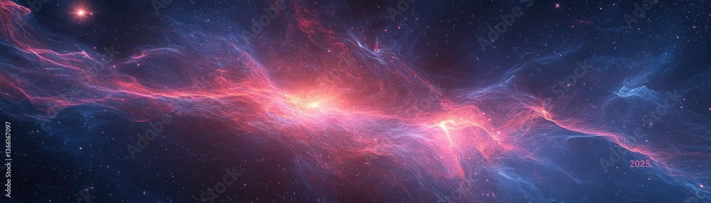 Poster Spectacular Cosmic Nebula with Vibrant Red and Blue Hues Glittering Starfield and Abstract Patterns in a Deep Space Background