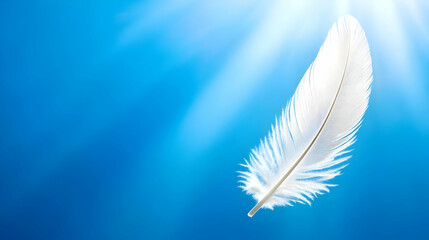 A single, white feather floats gently in a vibrant blue sky, bathed in sunlight.  The scene evokes feelings of lightness, freedom, and serenity