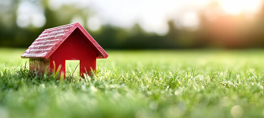 A small red house model sits in a vibrant green grassy field, bathed in sunlight.  The scene evokes feelings of new beginnings and homeownership