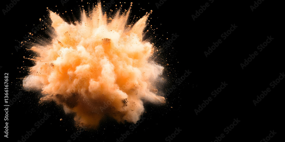 Poster a vibrant burst of peach-toned powder explodes against a stark black backdrop, creating a dynamic an