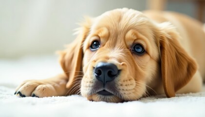 Golden Retriever puppy lies on white, looking up, golden retriever, puppy, white background