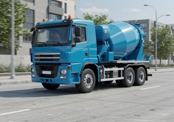 Blue concrete mixer truck driving on city road for cement transportation. Urban construction machinery ready for building projects and transporting materials