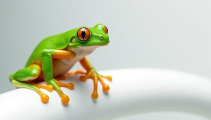Obraz premium Green tree frog perched on white, vibrant skin, animal, tropical