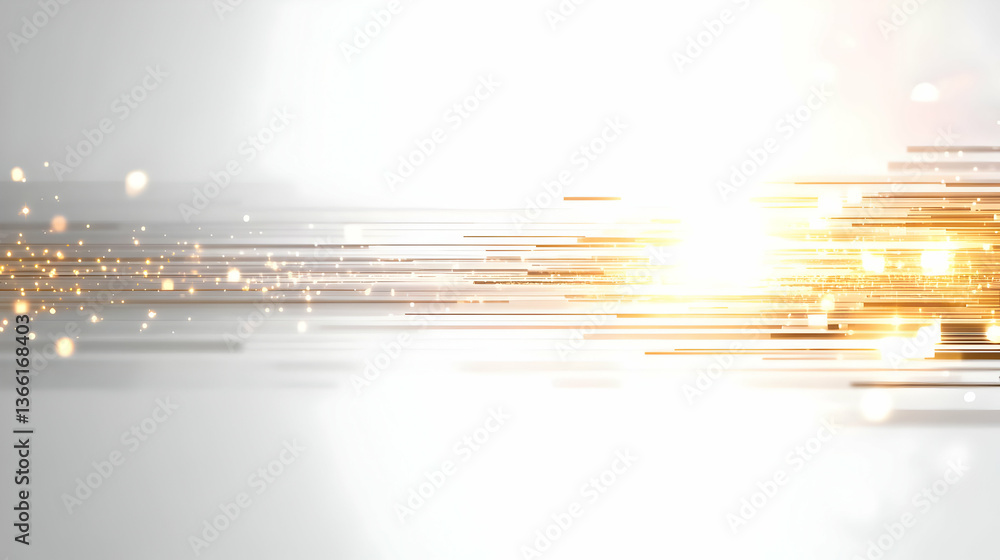 Poster abstract image featuring a dynamic stream of horizontal gold lines streaking across a light gray bac