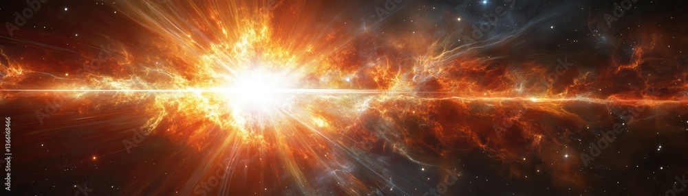Poster vibrant orange burst of energy in deep space panorama abstract cosmic nebula galaxy background with 