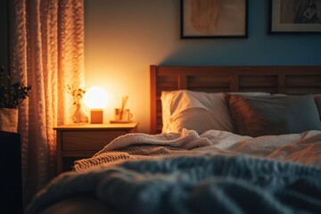 Warm Bedroom Interior with Bedside Lamp and Wooden Accents at Night Offering a Sense of Cozy Domestic Relaxation and Tranquility with Blue Walls and Earth Toned Curtains