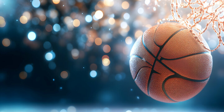 Basketball swishing through net, bokeh background. Dynamic action shot