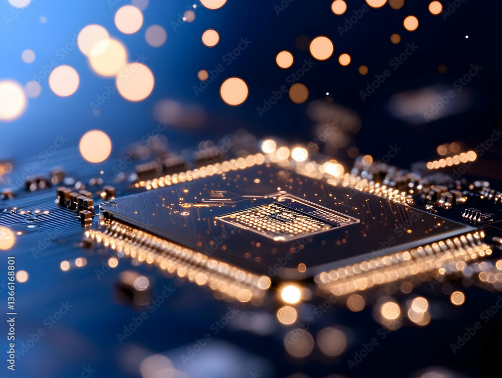 Poster close-up of a central processing unit (cpu) on a circuit board, illuminated with bokeh lights, showc