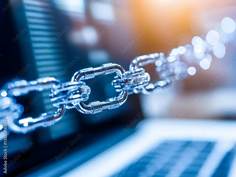 Poster close-up of a metallic chain lying on a laptop keyboard, symbolizing data security or connection. th