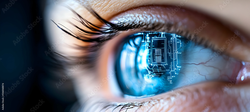 Poster close-up of a human eye with a digital circuit pattern reflected in the iris, suggesting themes of t