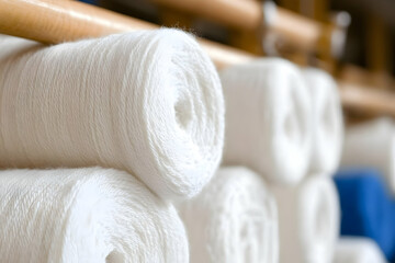 Close-up of neatly arranged spools of pristine white yarn, showcasing soft texture and cylindrical form, likely within a textile manufacturing or storage setting