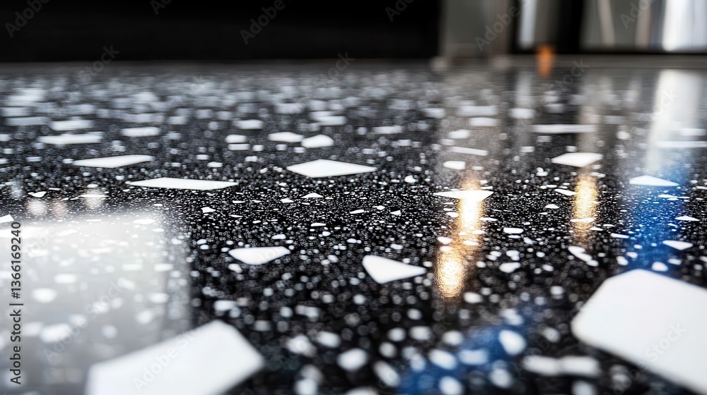 Poster abstract black and white speckled tile floor surface close up with polished and glossy texture for i