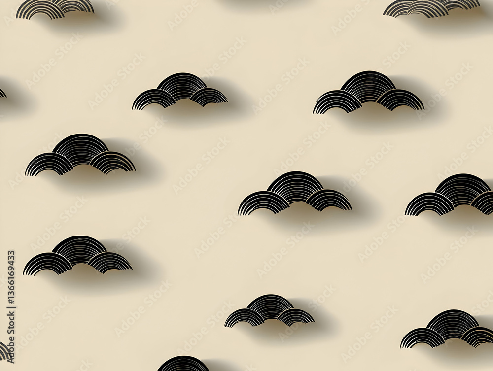 Poster elegant beige background adorned with a repeating pattern of stylized black clouds, each featuring c
