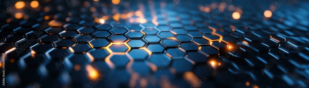 Poster abstract dark blue hexagon grid structure with warm orange glowing edges in a technology background 