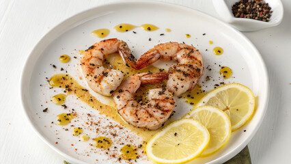 Shrimp with spices, on a white background, in a white plate with lemons