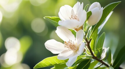 Fototapeta premium A close-up shows a pretty almond flower in soft sunlight. The flower's white petals stand out against a blurry green background.