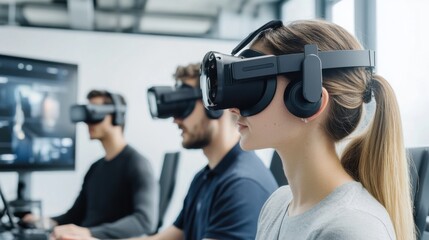 An AI powered virtual reality training system simulating real world scenarios for employee skill development, Education technology style, photo of