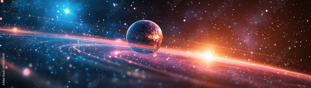 Poster Abstract Galaxy with a Central Planet Digital Rendering in Deep Space with Blue and Orange Lights Creating a Cosmic Background