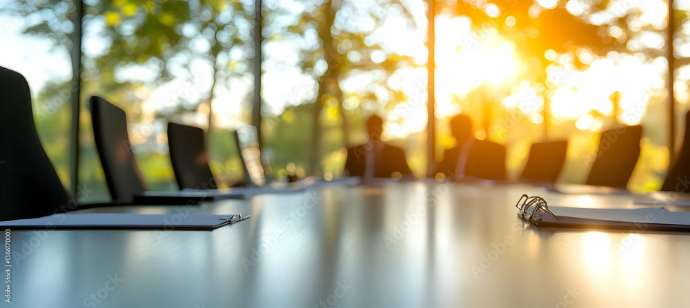 Poster sunlit conference room with empty chairs and documents on a polished table, suggesting a meeting abo