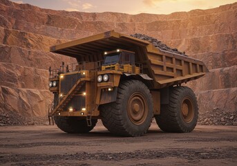 Obraz premium Heavy dump truck in quarry delivering ore. Open pit mine with huge mining machine for rock extraction for construction work, materials transportation.