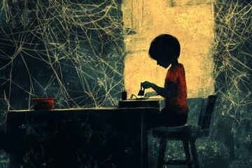 Child exploitation,child labor,children workers.A surreal illustration of a child sewing garments, surrounded by endless threads forming a web that traps them