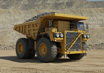 Industrial dump truck transporting rock at quarry. Heavy machinery used in surface mining, moving materials in construction project for resource extraction industry site operation.