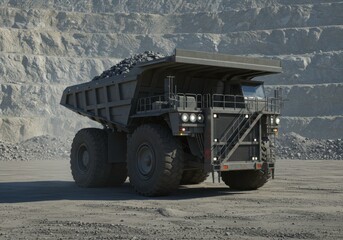 Mining haul truck transports rock in quarry with tiered terraces, industrial machinery in site for extraction of resources and engineering project implementation