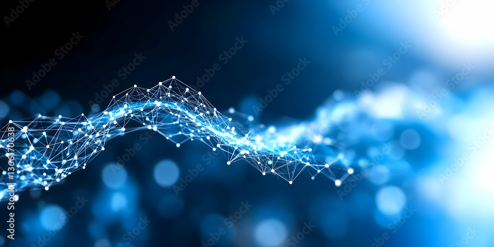 Poster abstract blue digital wave with interconnected nodes, glowing brightly against a blurred bokeh backg