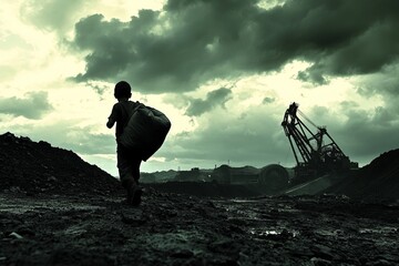 A dramatic portrayal of a child carrying a heavy sack in a mining landscape, with the sky filled with ominous clouds and distant machinery.Child labor,children workers,child exploitation.