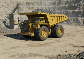 Heavy machinery, dump truck transporting rock at the quarry. Mining dump truck carrying a load of gravel in open pit mine for construction material production