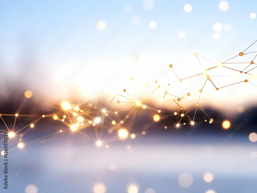 Poster golden network nodes and lines connecting against a blurred sunset landscape. abstract design featur