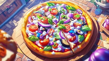 Fototapeta premium A colorful pizza is shown from above. It has eggplant, red onion, feta cheese, tomatoes, basil, mint, pine nuts, mozzarella, and a creamy sauce. It looks perfectly baked with a golden crust.