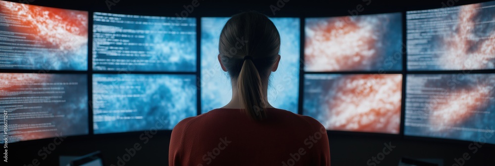 Poster a woman is looking at a computer monitor with a blue and red background. the computer monitor is dis