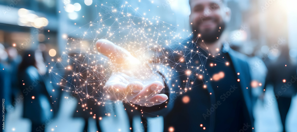 Poster a man's open palm displays a glowing network of interconnected nodes, symbolizing global connectivit