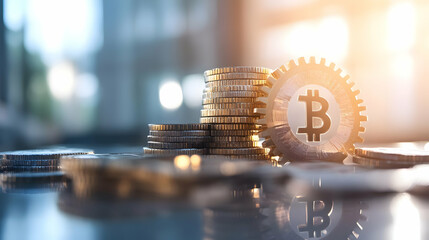 Stacks of gold coins with a gear imprinted with a cryptocurrency symbol.  The image suggests financial growth and the mechanics of digital currency.  A shallow depth of field focuses on the coins